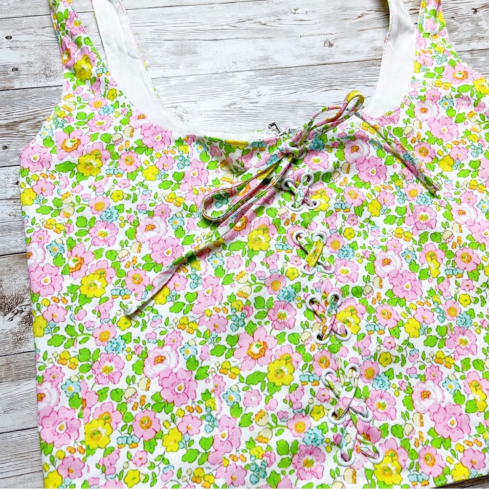 With Jean Victoria Corset in Floral Pansies Pink Green Size XS - Picture 3 of 9